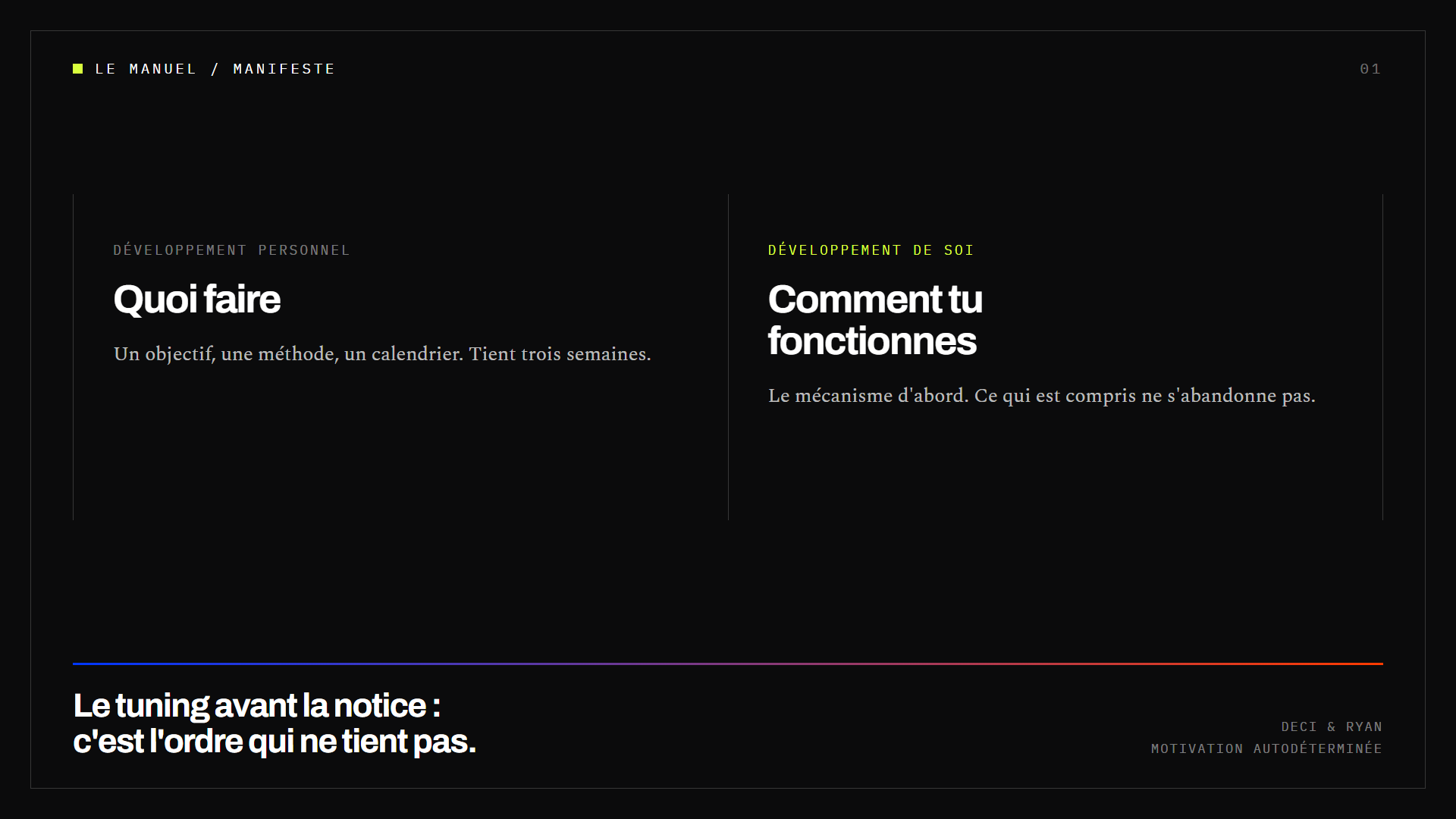 Schéma comparant le développement personnel, qui dit quoi faire, au développement de soi, qui explique comment le corps fonctionne