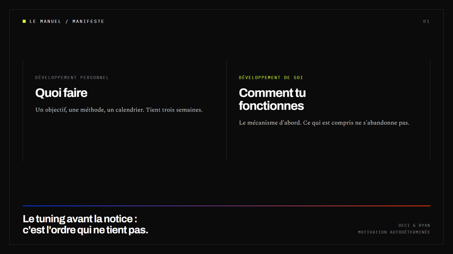 Schéma comparant le développement personnel, qui dit quoi faire, au développement de soi, qui explique comment le corps fonctionne