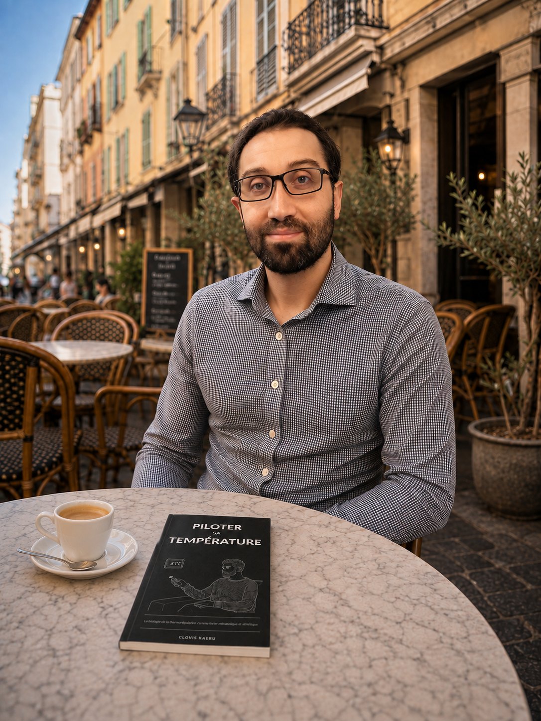 Clovis Kaeru attablé à un café, son livre Piloter sa température devant lui